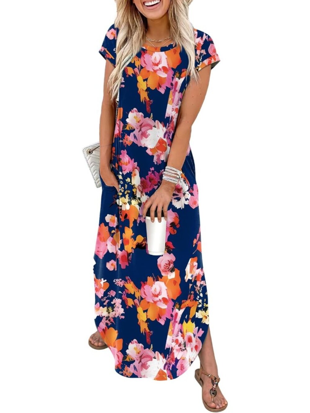 〽️Navy Red Floral Summer Maxi Dress Women’s Crew Neck Cap Sleeve Casual